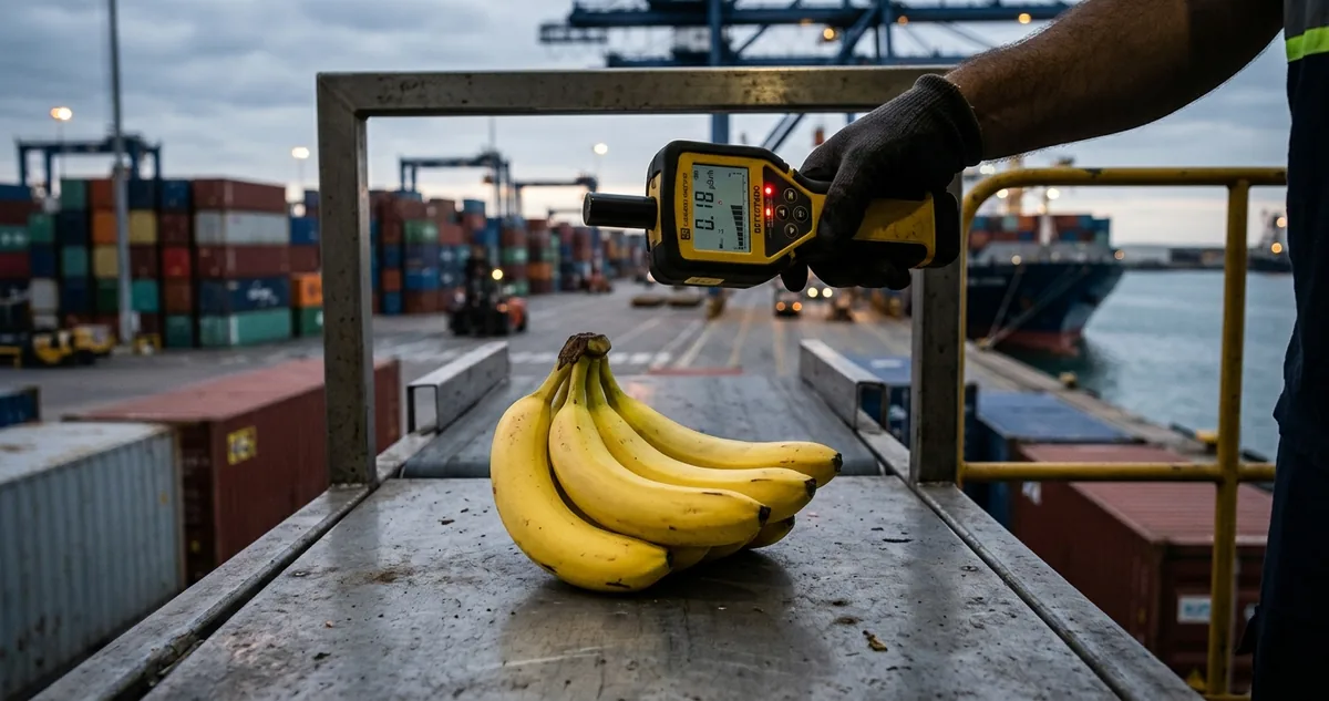 Cacho de bananas maduras sobre bancada clara, visto de perto.