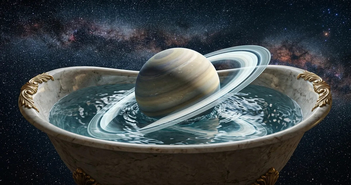 Saturno com seus anéis sobre fundo escuro, visto de leve ângulo lateral.