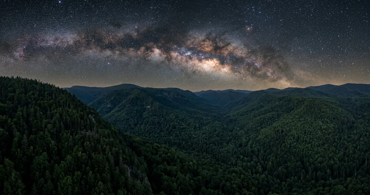 Copas de árvores vistas de baixo em floresta densa, contra o céu.