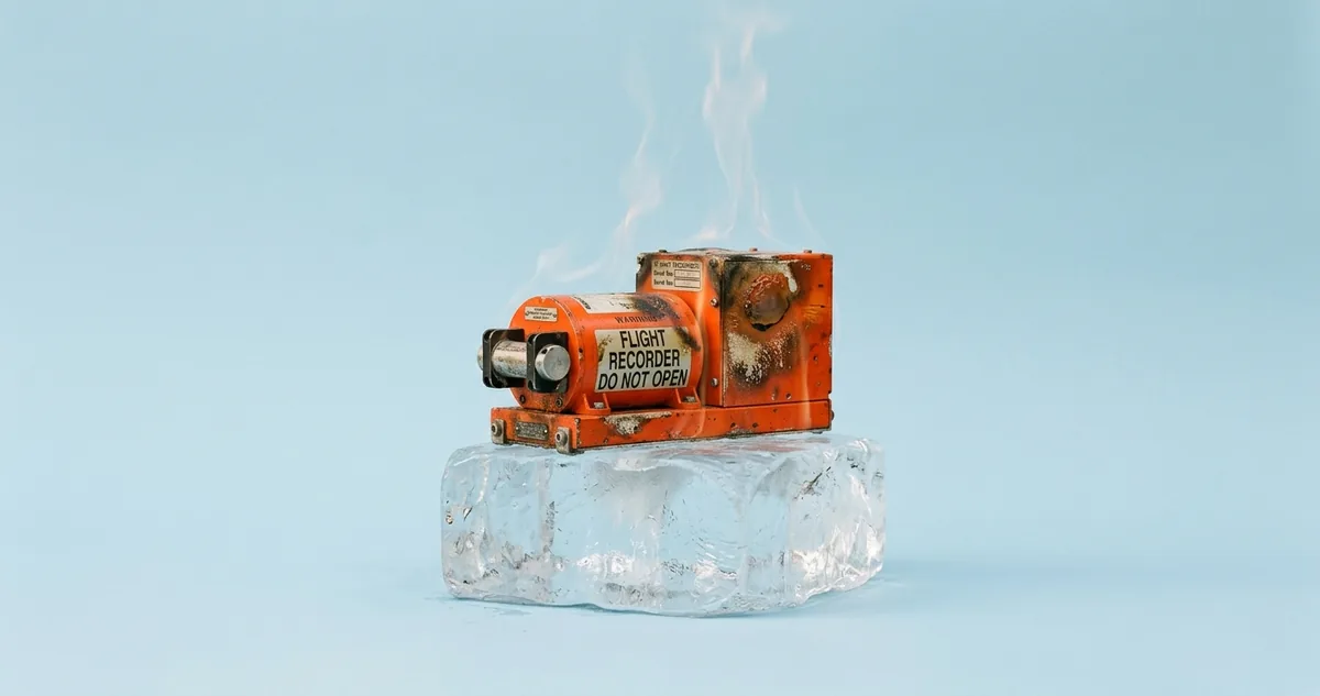 Gravador de voo laranja de avião comercial, com marcas de fuligem, sobre fundo neutro.
