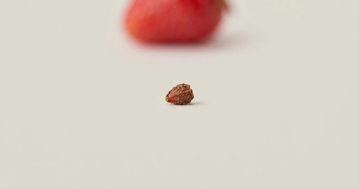 Morango maduro visto de perto, com os aquênios amarelos salpicados na superfície vermelha.