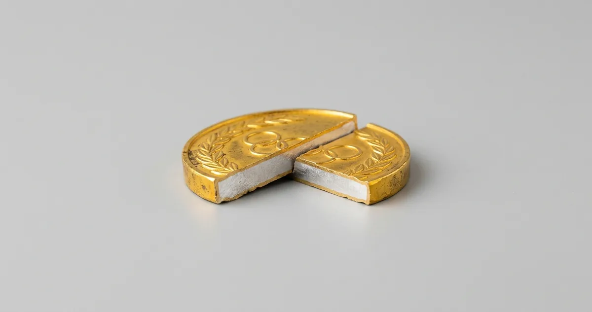 Medalha de ouro olímpica de perfil, com a borda de prata aparecendo sob a camada dourada.