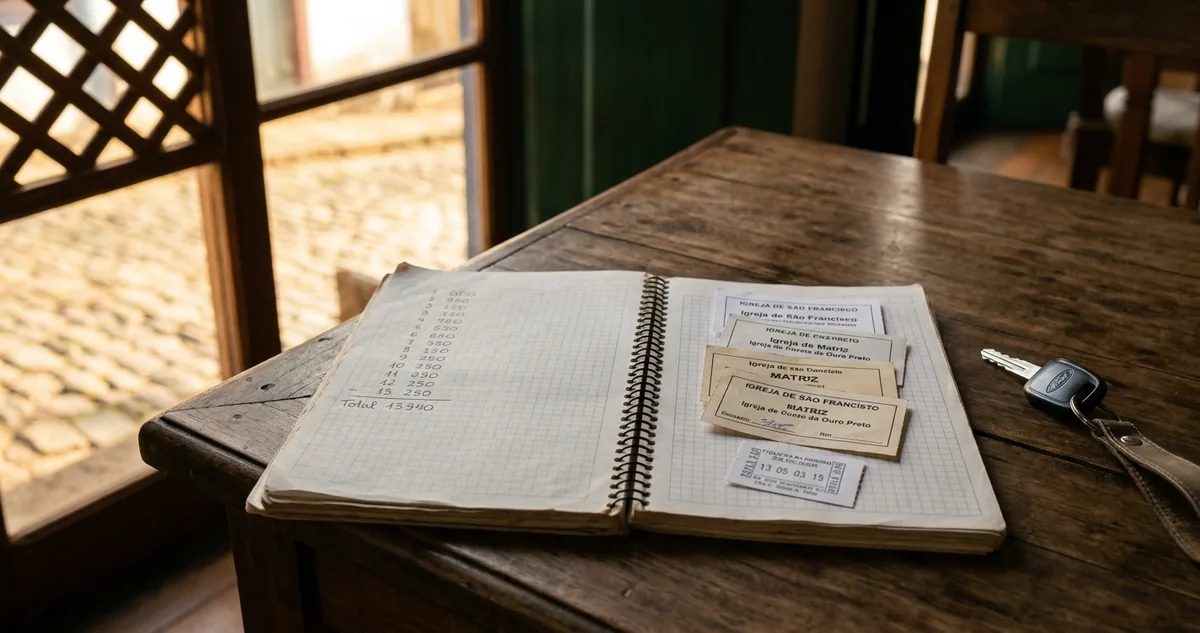 Quatro ingressos de papel de igreja e um tíquete de estacionamento ao lado de um caderno aberto com a coluna de números escrita à mão sobre a mesa de madeira escura, com uma chave de carro e a janela de veneziana ao fundo.