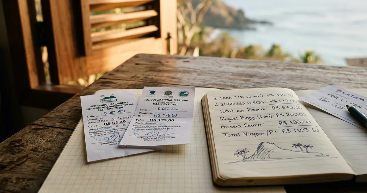 Dois comprovantes de papel, o da taxa ambiental e o do ingresso do parque nacional, ao lado de um caderno aberto com a coluna de números escrita à mão sobre a mesa de madeira clara, com um cartão de embarque e a janela de veneziana ao fundo.