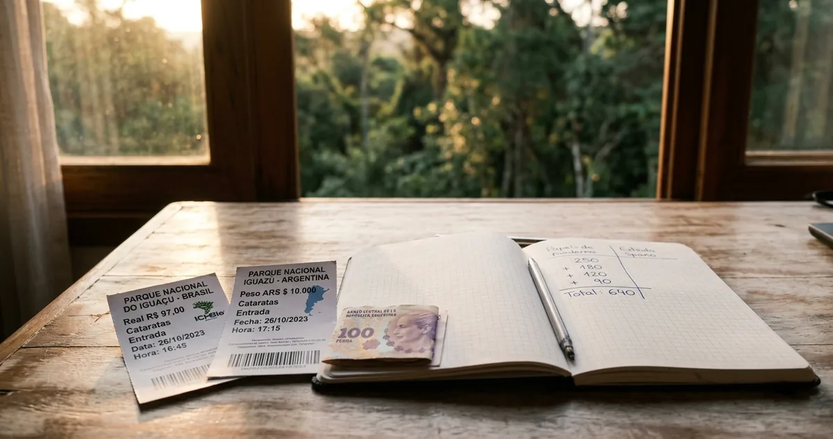 Dois ingressos de papel lado a lado, um impresso em real e outro em peso argentino, ao lado de um caderno aberto com a coluna de números escrita à mão sobre a mesa de madeira clara, com uma nota de peso dobrada e a janela com a mata ao fundo.