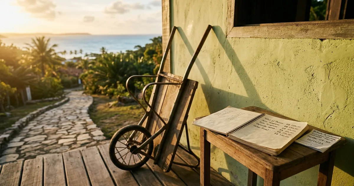 Um carrinho de mão de uma roda encostado na parede caiada, ao lado de um caderno aberto com a coluna de números escrita à mão sobre a mesa de madeira clara, com um bilhete de catamarã e a ladeira de pedra ao fundo.