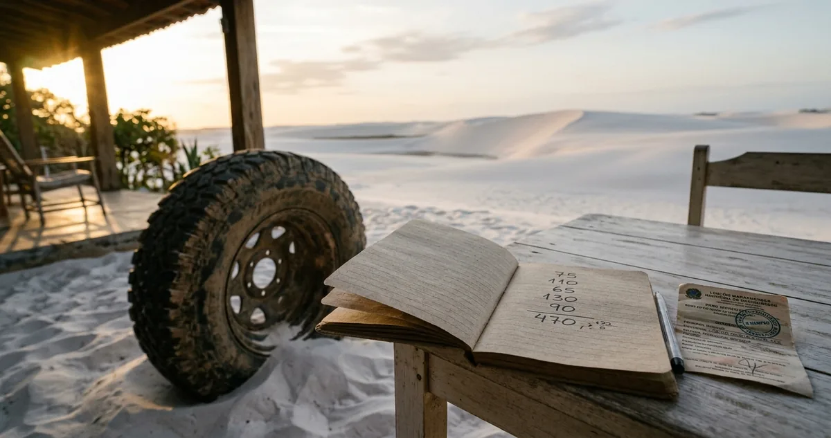 Um pneu de veículo de tração meio enterrado na areia branca, ao lado de um caderno aberto com a coluna de números escrita à mão sobre a mesa de madeira clara, com um ingresso de parque e a crista de uma duna ao fundo.