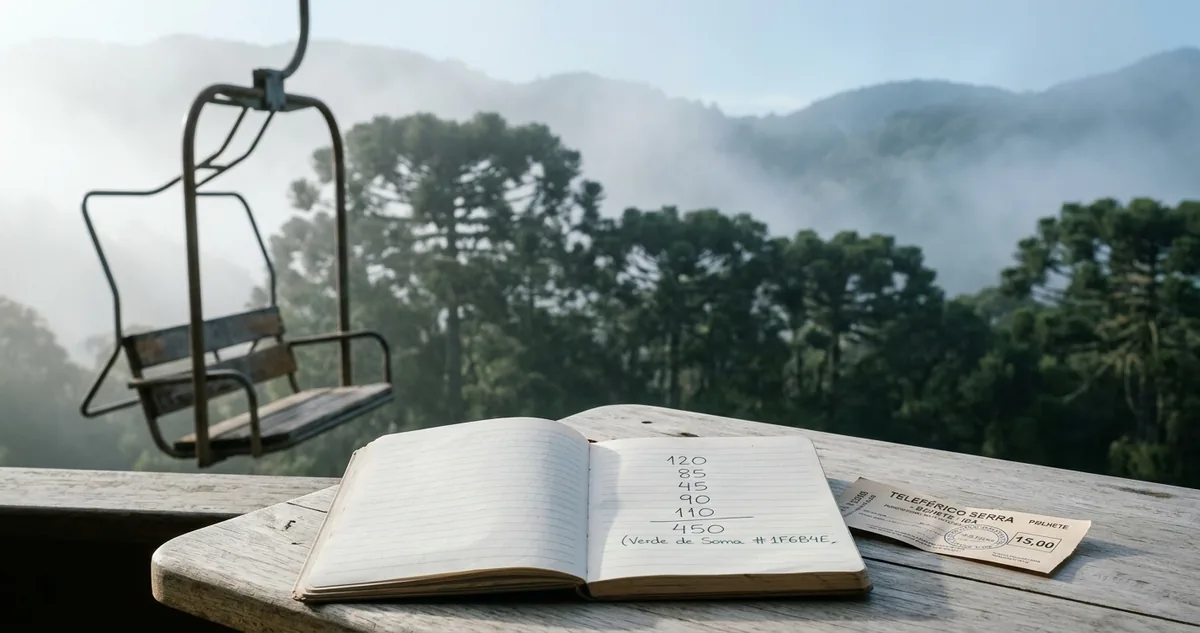 Uma cadeira de teleférico parada ao lado de um caderno aberto com a coluna de números escrita à mão sobre a mesa de madeira clara, com um bilhete de trem e a copa das araucárias ao fundo.
