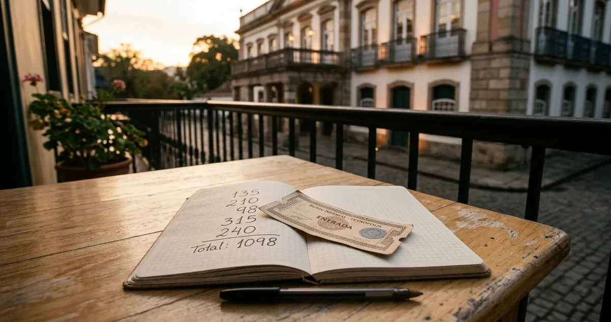 Um ingresso de museu apoiado num caderno aberto com a coluna de números escrita à mão sobre uma mesa de madeira clara, com a fachada de pedra do palácio desfocada ao fundo.