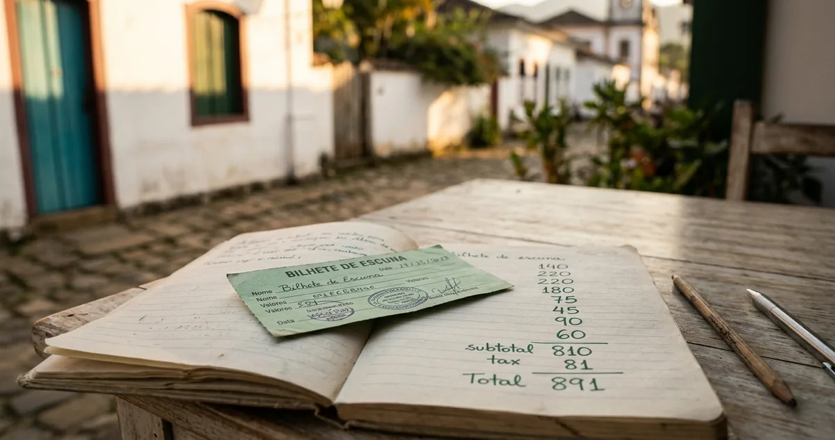 Um bilhete de escuna apoiado num caderno aberto com a coluna de números escrita à mão sobre uma mesa de madeira clara, com a parede caiada e a rua de pedra desfocadas ao fundo.