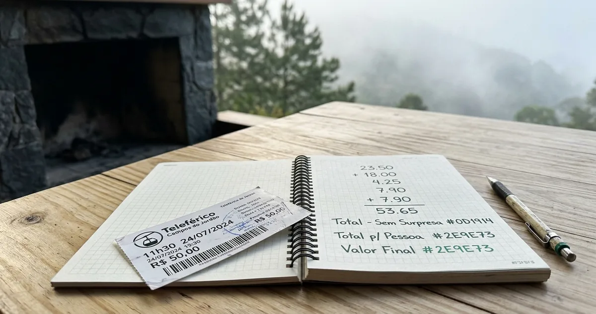 Um bilhete de teleférico apoiado num caderno aberto com a coluna de números escrita à mão sobre uma mesa de madeira clara, com a lareira apagada e o pinheiro desfocados ao fundo.