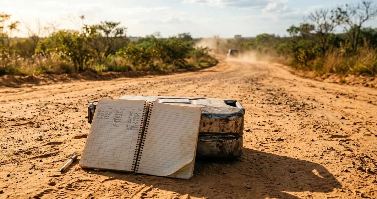 Um galão de combustível de metal parado na areia alaranjada de uma estrada de terra do Jalapão, com um caderno de contas apoiado sobre ele e a poeira de um 4x4 desfocada ao fundo.