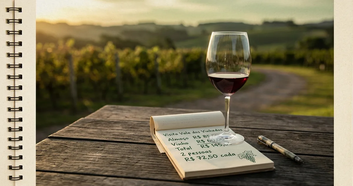 Uma taça de vinho tinto pela metade apoiada sobre um bloco de notas de contas, numa mesa de madeira à beira de um parreiral do Vale dos Vinhedos ao fim da tarde.