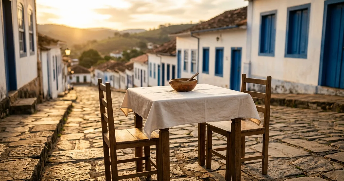 Uma mesa de madeira posta numa ladeira de pedra do casario de Diamantina, antes da Vesperata de sábado.