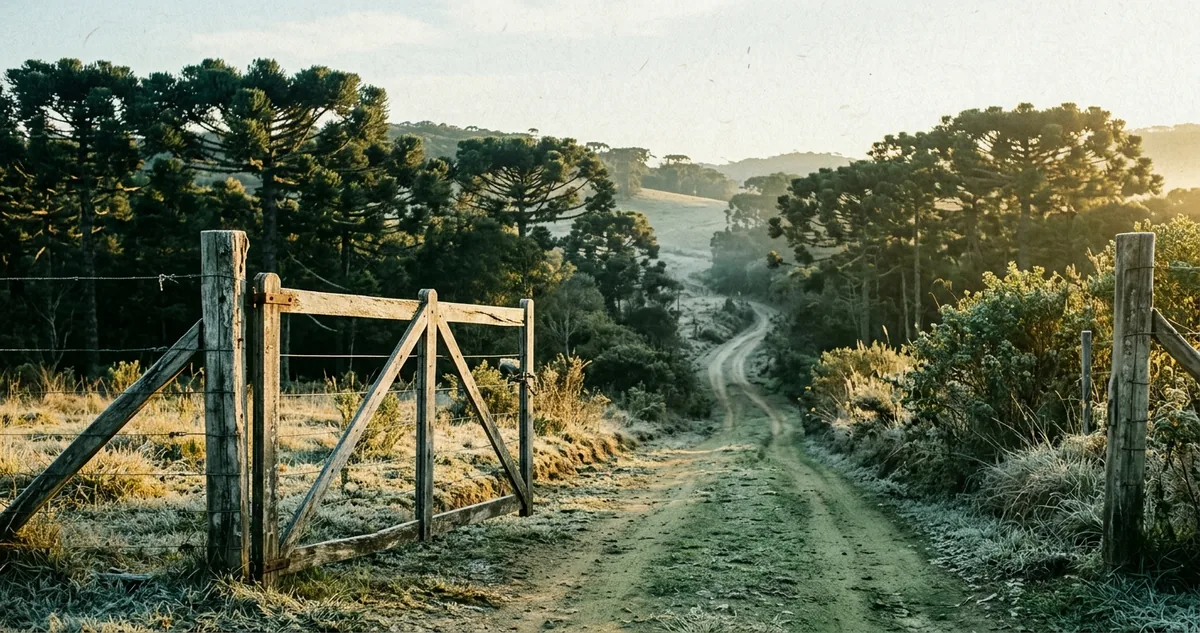Uma porteira de arame aberta na entrada de uma propriedade rural de Urubici, com a estrada de chão descendo entre araucárias.