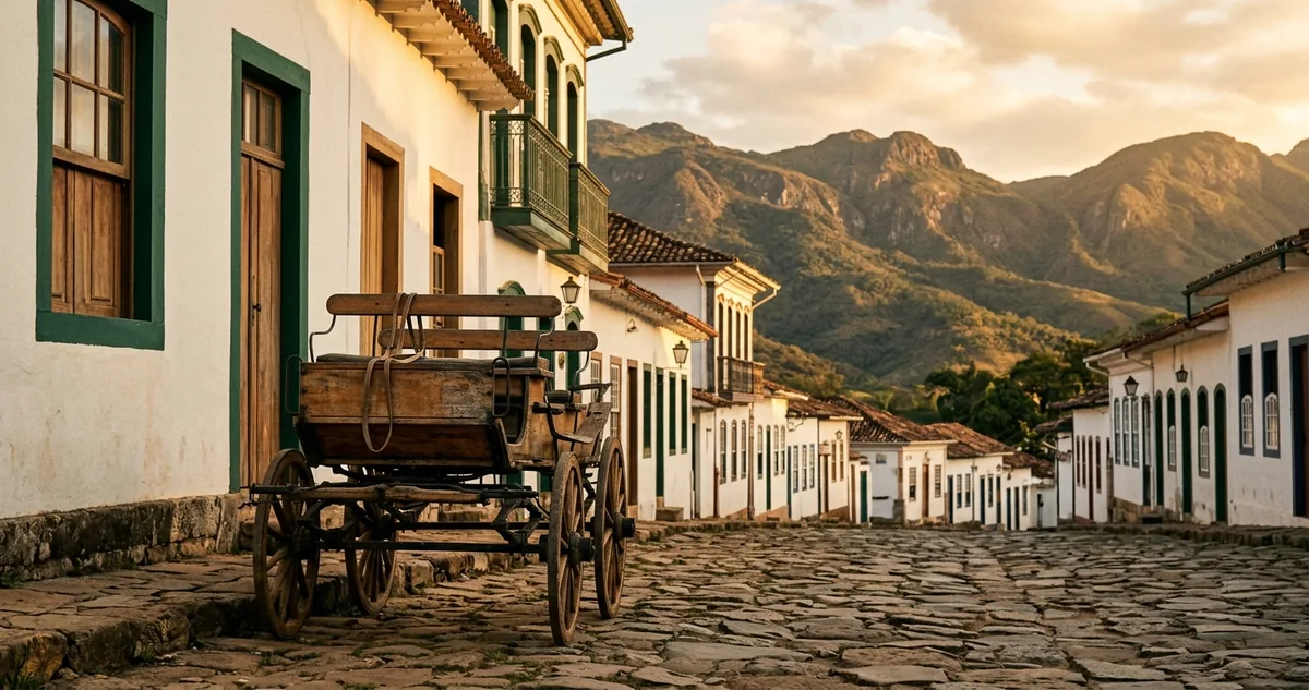 Uma charrete de madeira parada sobre o calçamento de pedra do centro histórico de Tiradentes.