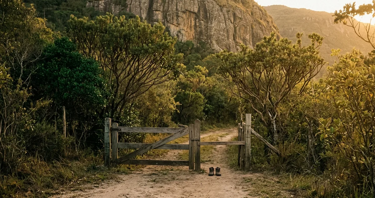 Uma portaria de madeira na entrada da trilha de uma cachoeira na Serra do Cipó.