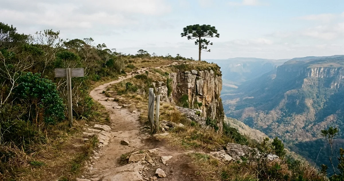 A borda do Cânion Itaimbezinho com névoa no fundo do vale, em luz de manhã.