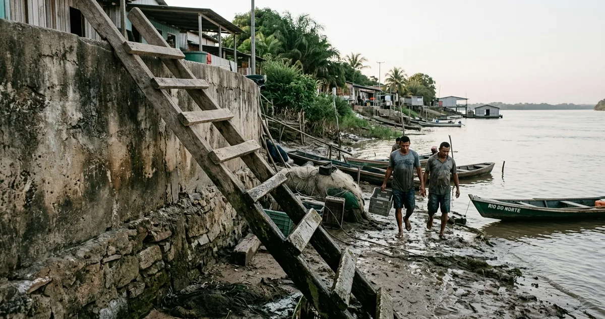 O rio Paraguai barrento em Corumbá no começo da manhã, com barcos de pesca amarrados no barranco e o casario baixo da cidade alta acima da margem.