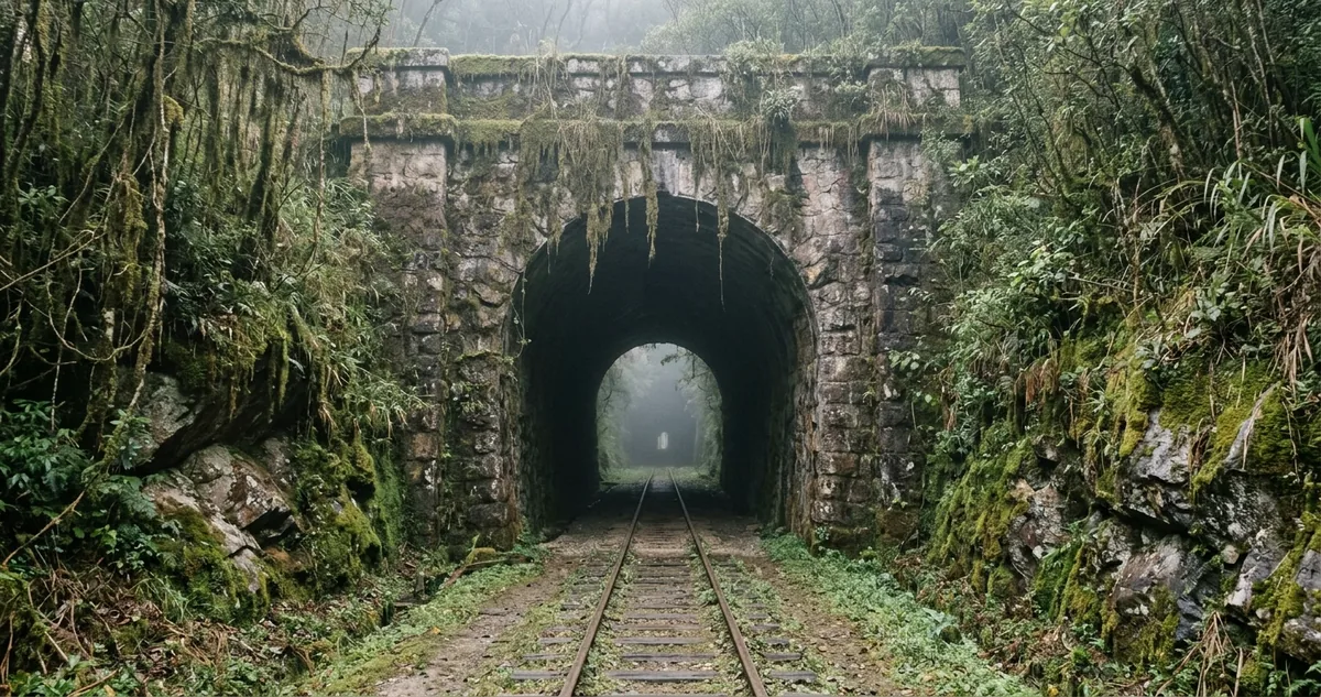 O trem da Serra do Mar contornando o paredao na descida para Morretes, no Parana.