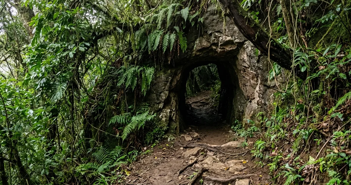 A boca da caverna Santana cercada de mata atlantica, no Vale do Ribeira paulista.