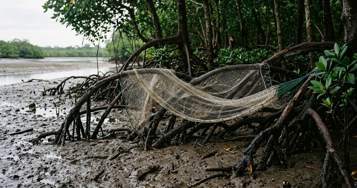 Igarapé do Delta do Parnaíba visto de um barco, com mangue dos dois lados e guarás no céu.