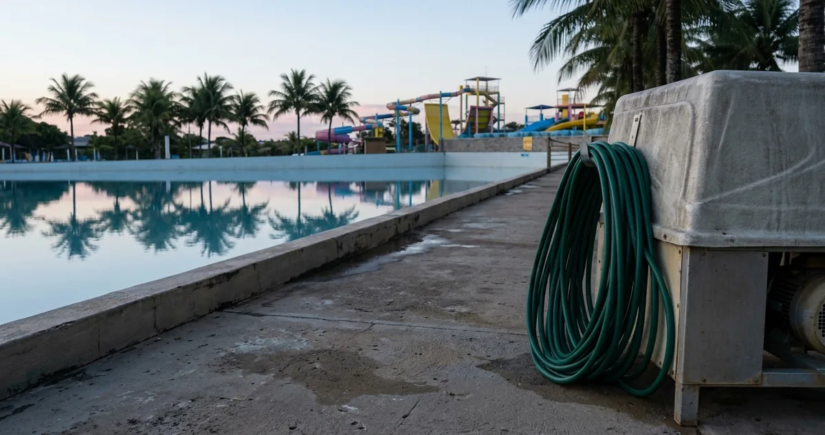Piscina de ondas e toboáguas do Thermas dos Laranjais, em Olímpia, numa tarde de sol.