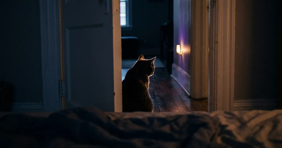 Gato deitado no corredor escuro, encostado no vão embaixo da porta fechada do quarto, com o focinho voltado pro corredor.