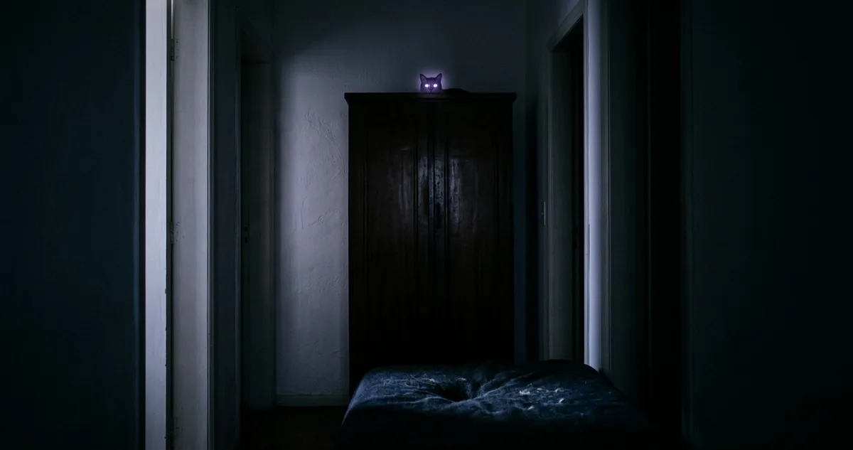 Gata deitada no alto de um armário de quarto, entre caixas, olhando a porta do cômodo.
