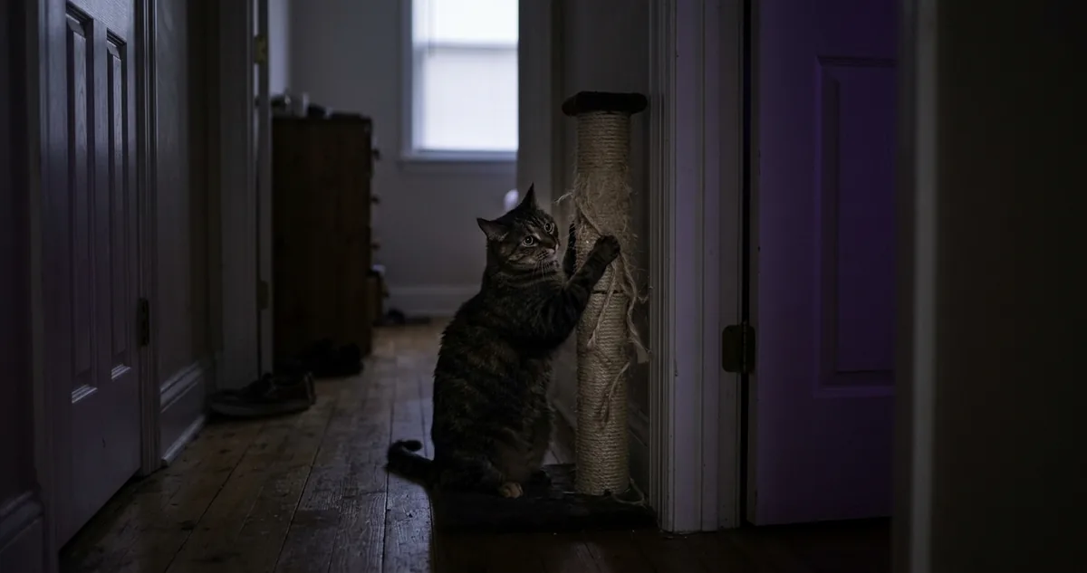 Gato de casa arranhando um poste de sisal plantado ao lado do sofá da sala.