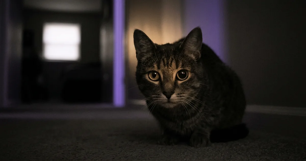 Gato idoso parado no corredor do apartamento, com as duas pupilas arregaladas sob a luz da janela.