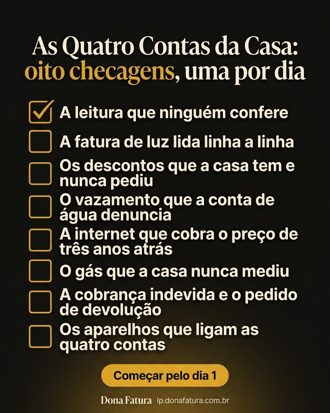 As Quatro Contas da Casa: oito checagens, uma por dia: A leitura que ninguém confere, A fatura de luz lida linha a linha, Os descontos que a casa tem e nunca pediu, O vazamento que a conta de água denuncia, A internet que cobra o preço de três anos atrás, O gás que a casa nunca mediu, A cobrança indevida e o pedido de devolução, Os aparelhos que ligam as quatro contas. Começar pelo dia 1.