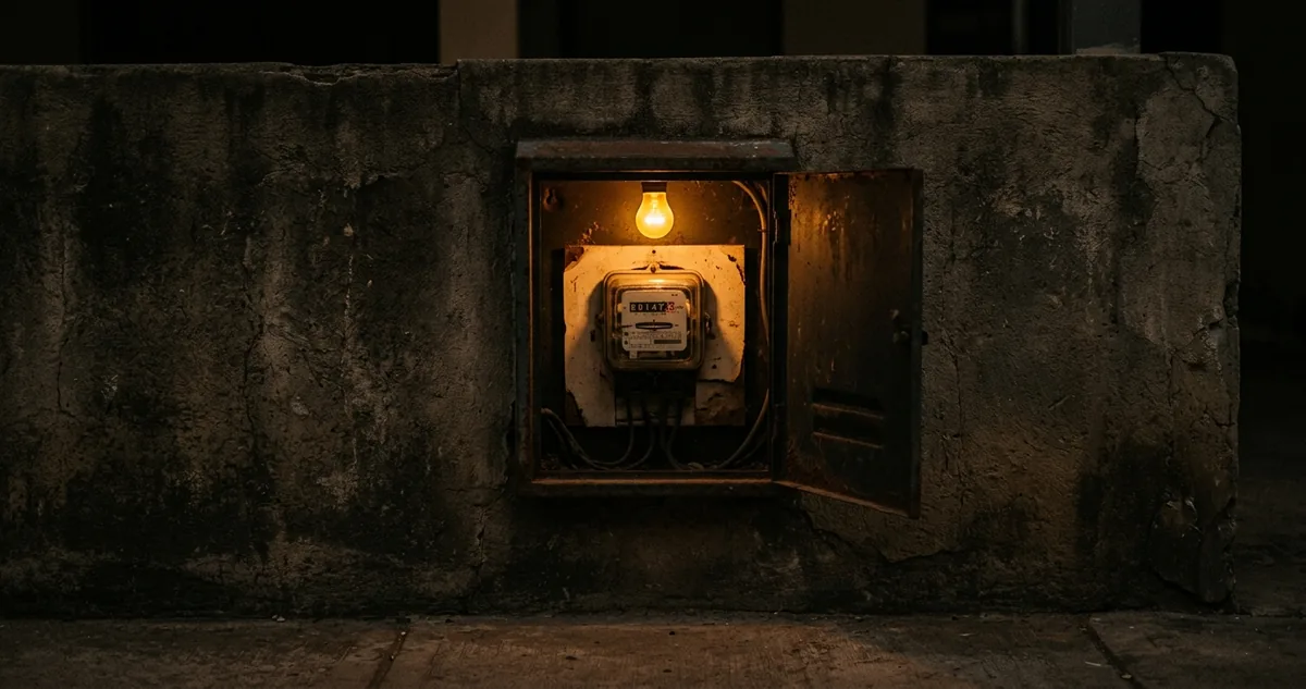 A caixa de um medidor de energia com a portinha aberta, o visor de dígitos em foco sob a luz quente da manhã.