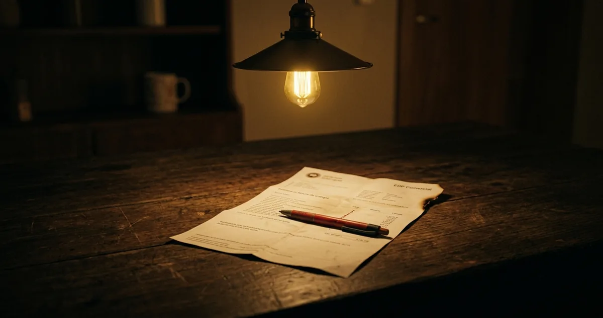 Uma fatura de energia dobrada sobre a mesa da cozinha, com uma caneta vermelha marcando uma das linhas sob a luz quente.