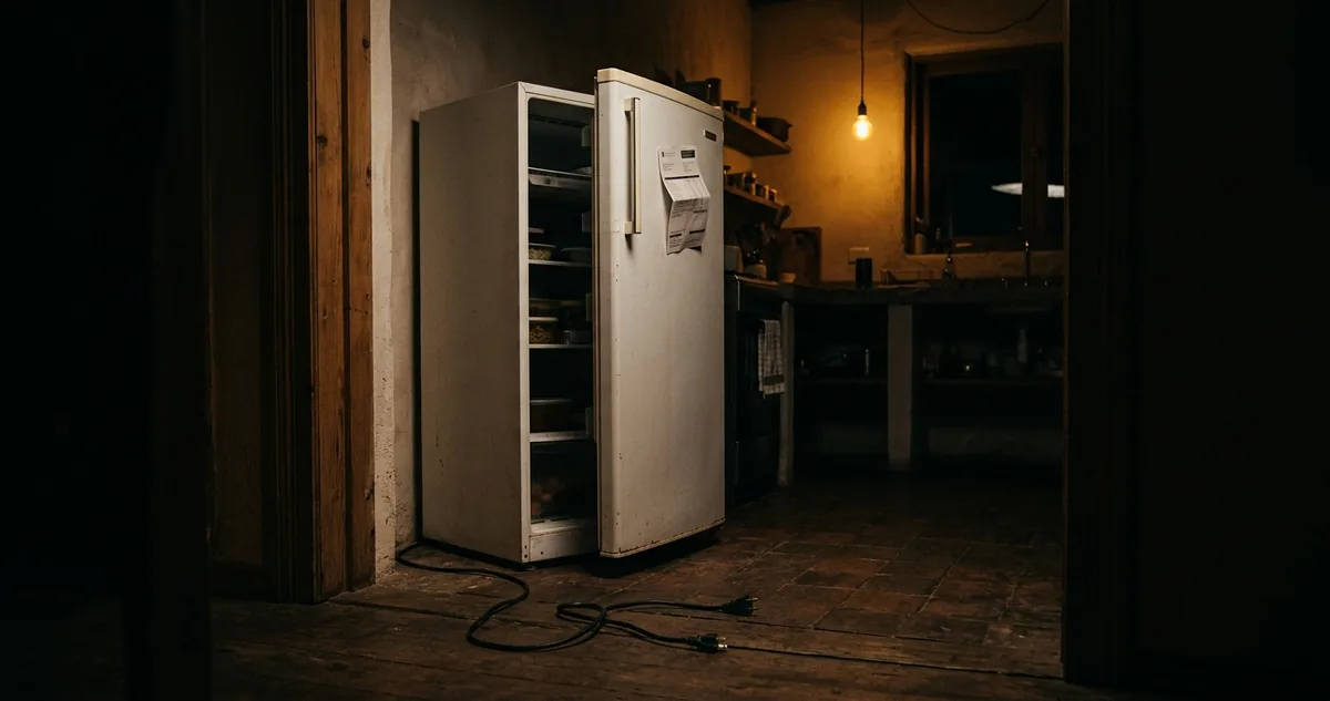 A porta da geladeira entreaberta com a luz interna apagada, o plugue solto no ladrilho e a fatura de energia dobrada sobre o aparelho.
