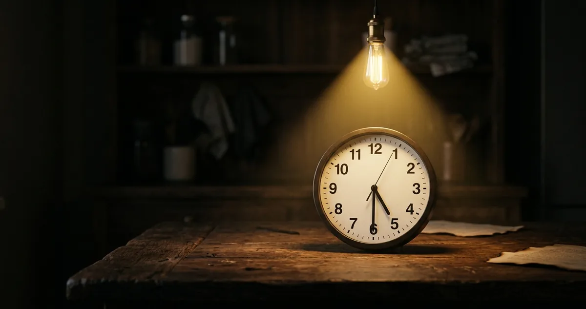 Um relógio de cozinha apoiado sobre a mesa de madeira marcando o fim da tarde, sob a luz quente da lâmpada.