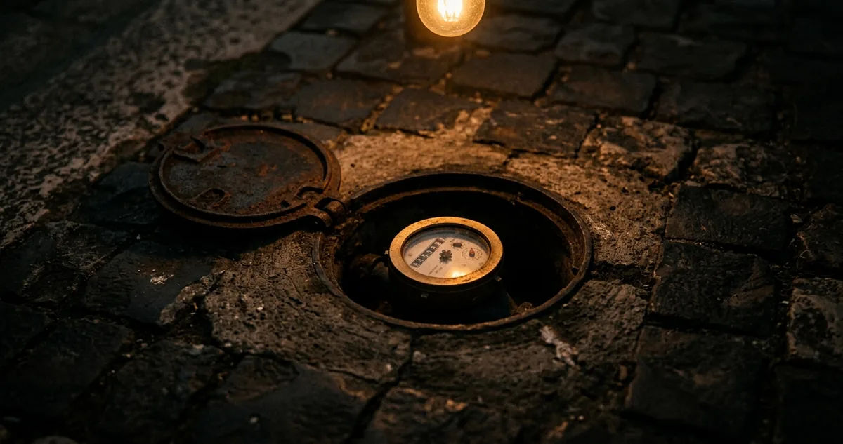 A tampa do hidrômetro aberta no piso, os dígitos pretos do mostrador à mostra sob a luz quente do fim da tarde.