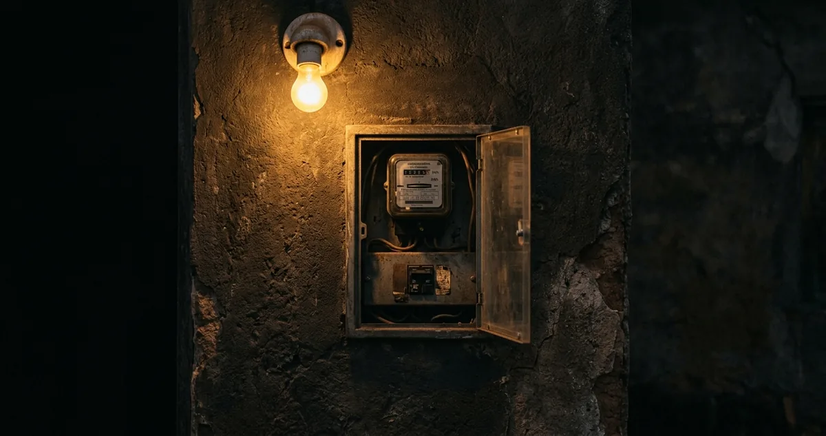 A caixa do medidor de energia com a portinhola aberta e a chave do disjuntor geral desligada, sob a luz quente do fim da tarde.