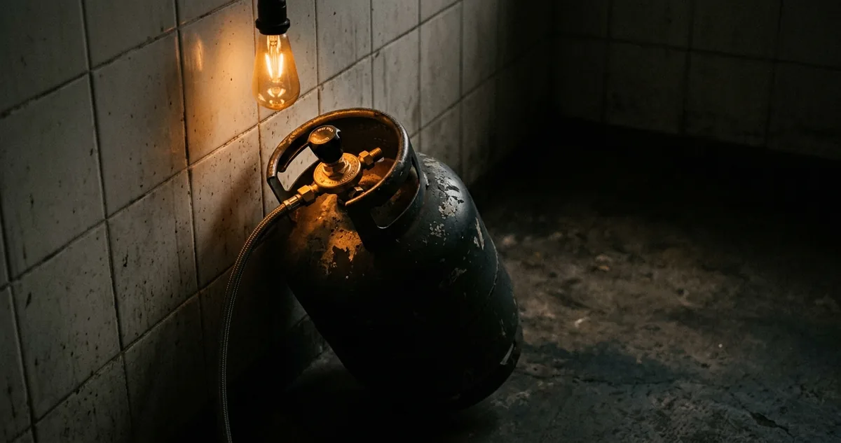 O botijão de 13 kg encostado na parede da cozinha, a válvula em foco sob a luz quente do fim da tarde.