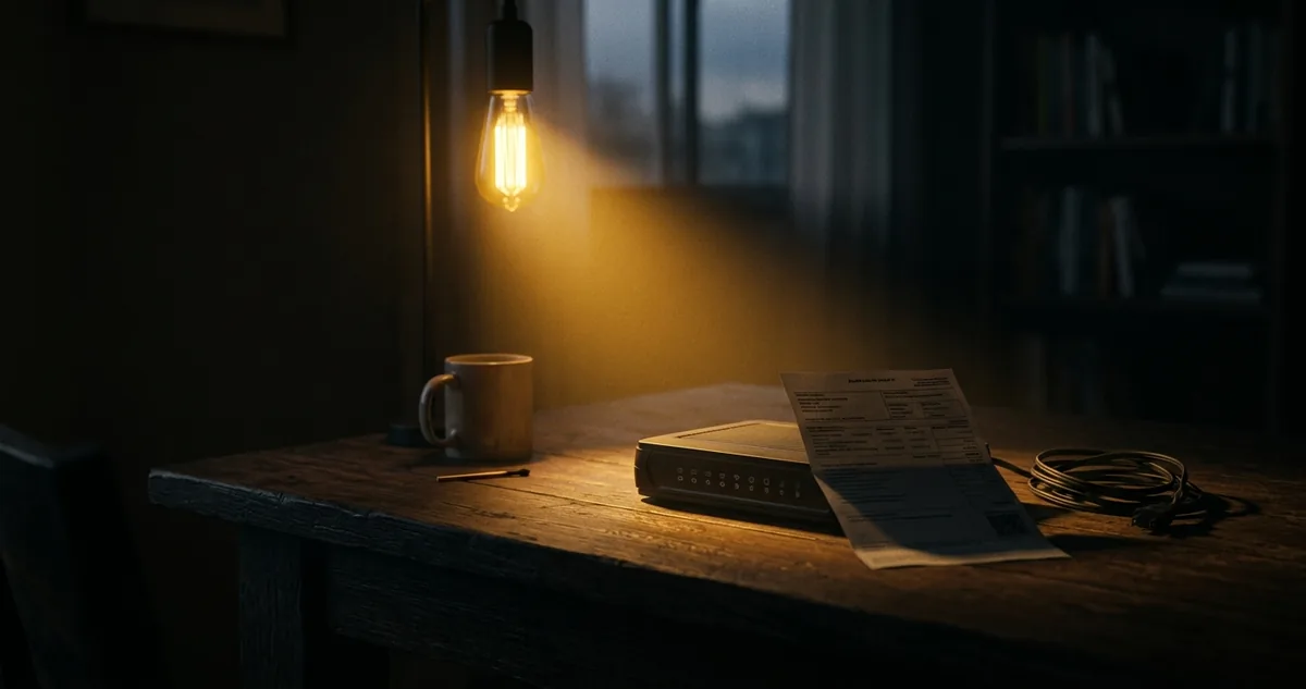 O modem desligado sobre a mesa, ao lado do último boleto da internet, sob a luz quente do fim da tarde.