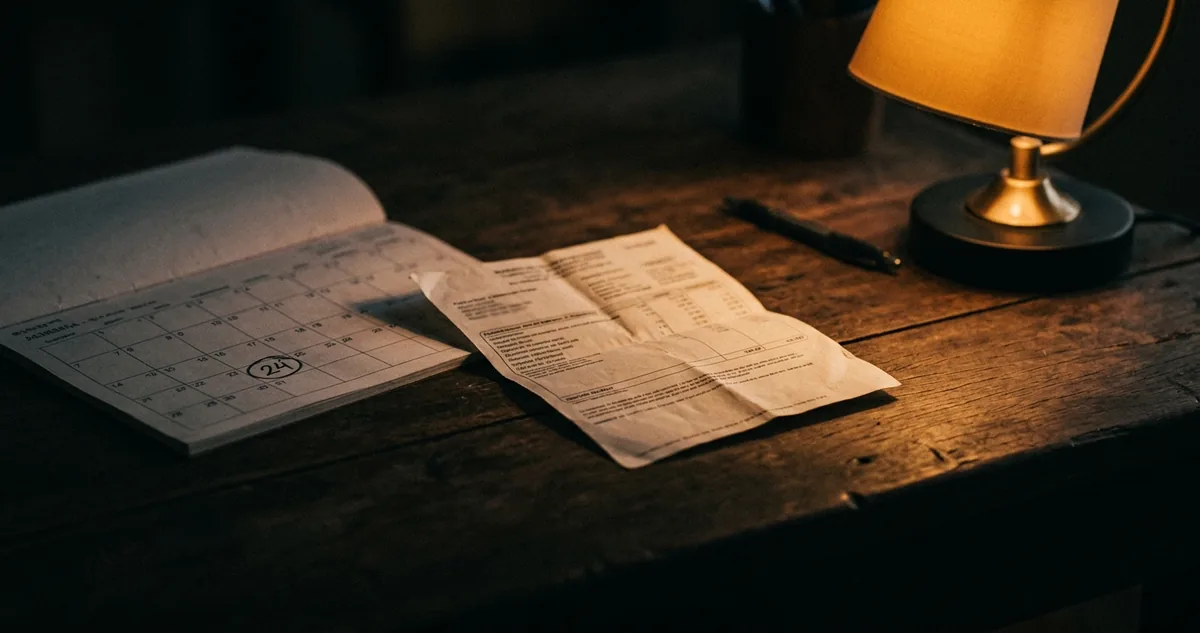 O boleto de energia vencido apoiado na mesa, ao lado do calendário com a data do vencimento circulada, sob a luz quente do fim da tarde.