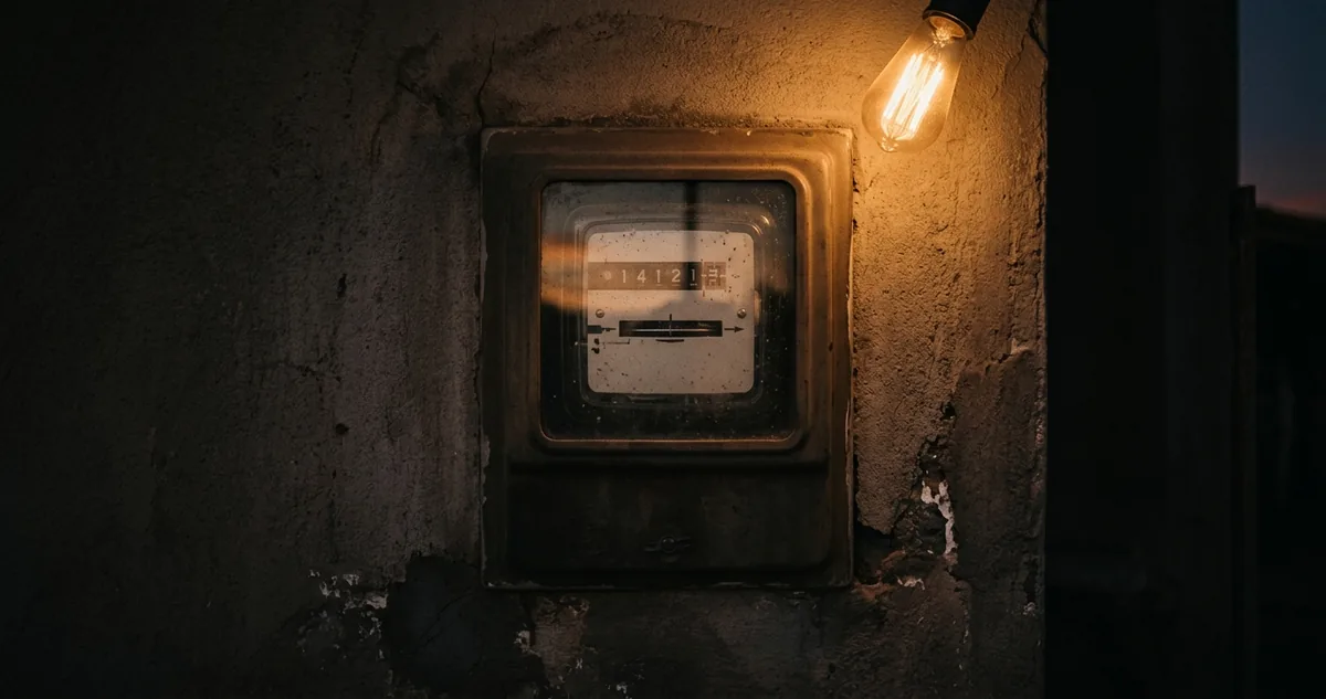 O medidor de energia da casa fechada, com o disco imóvel, na caixa de padrão sob a luz do fim da tarde.