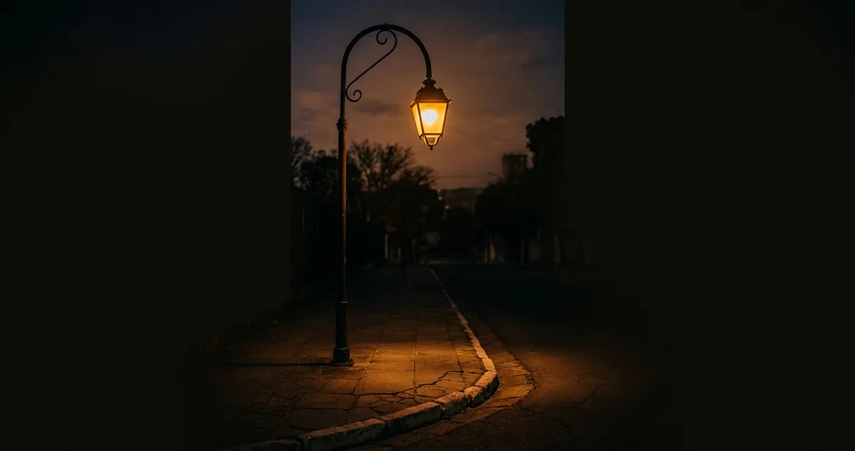 O poste de iluminação pública aceso sobre a calçada vazia no começo da noite.