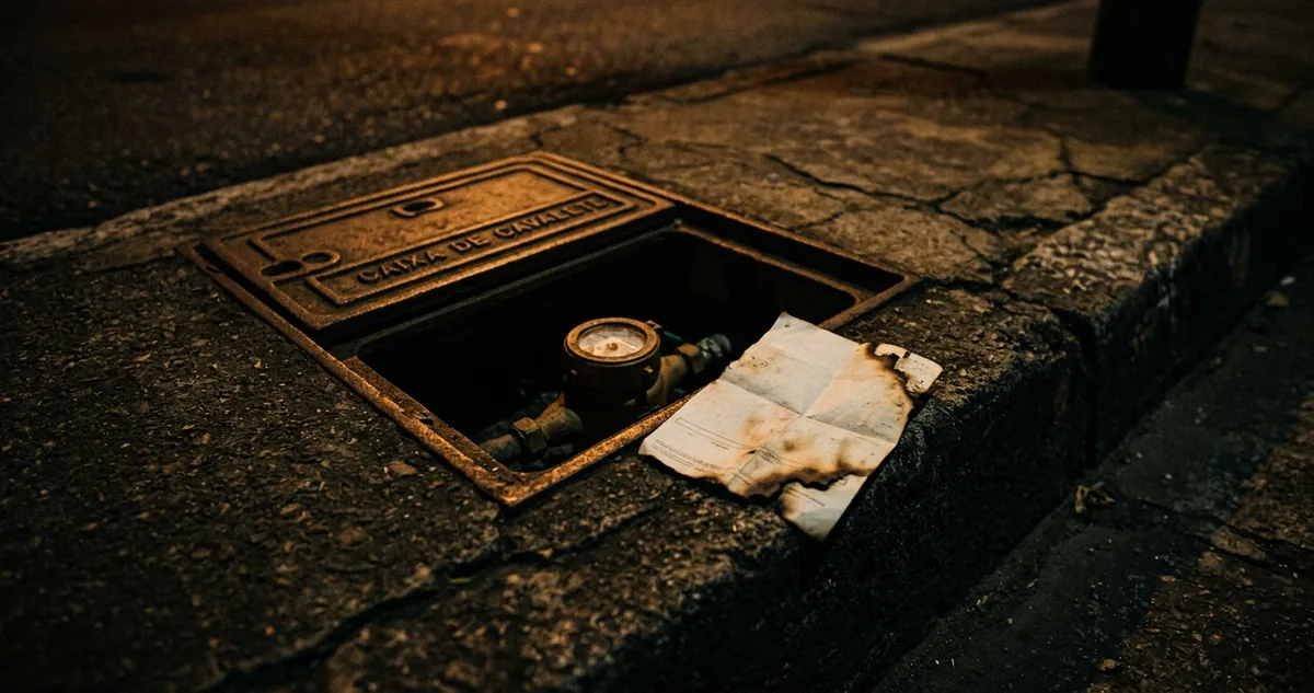 A caixa do cavalete aberta na calçada com o hidrômetro à mostra.
