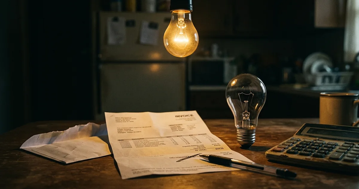 A conta de luz aberta na mesa, com o bloco das datas de leitura em foco.