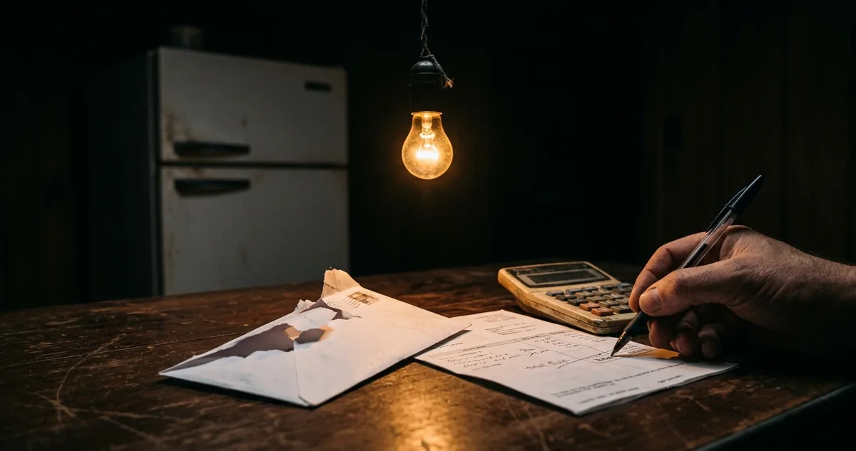 Conta de energia aberta sobre a mesa da cozinha, ao lado de um telefone fixo.