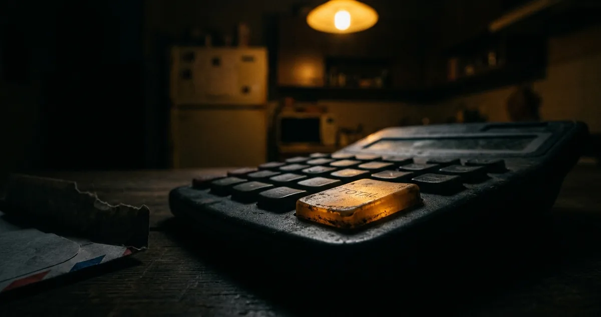 Envelope de cobrança amarelado aberto sobre a mesa da cozinha, com um calendário desfocado ao fundo.
