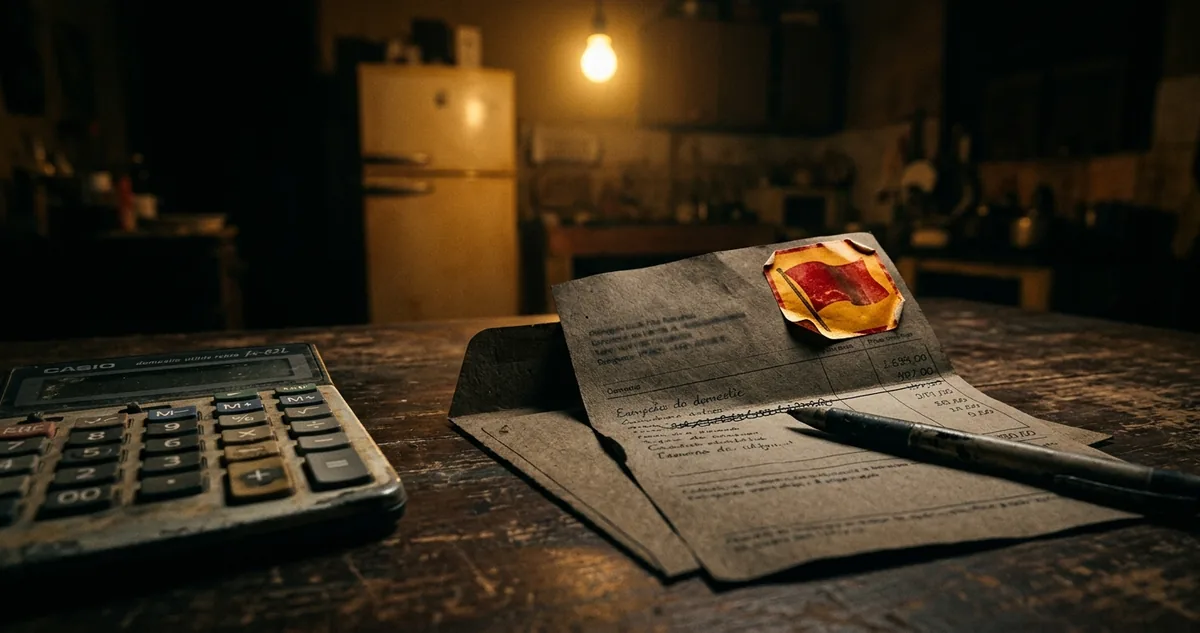 Termo de acordo de uma página aberto sobre a mesa da cozinha, ao lado de uma calculadora de mercado.
