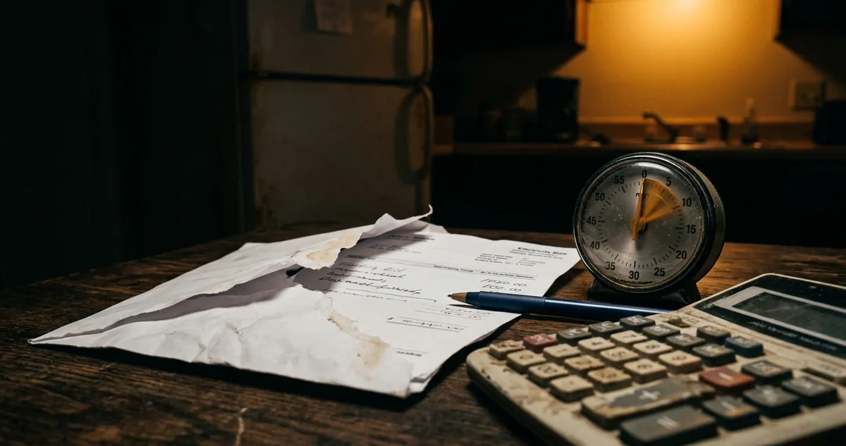 Conta de luz aberta sobre a mesa ao lado de um calendário com um dia circulado a lápis.