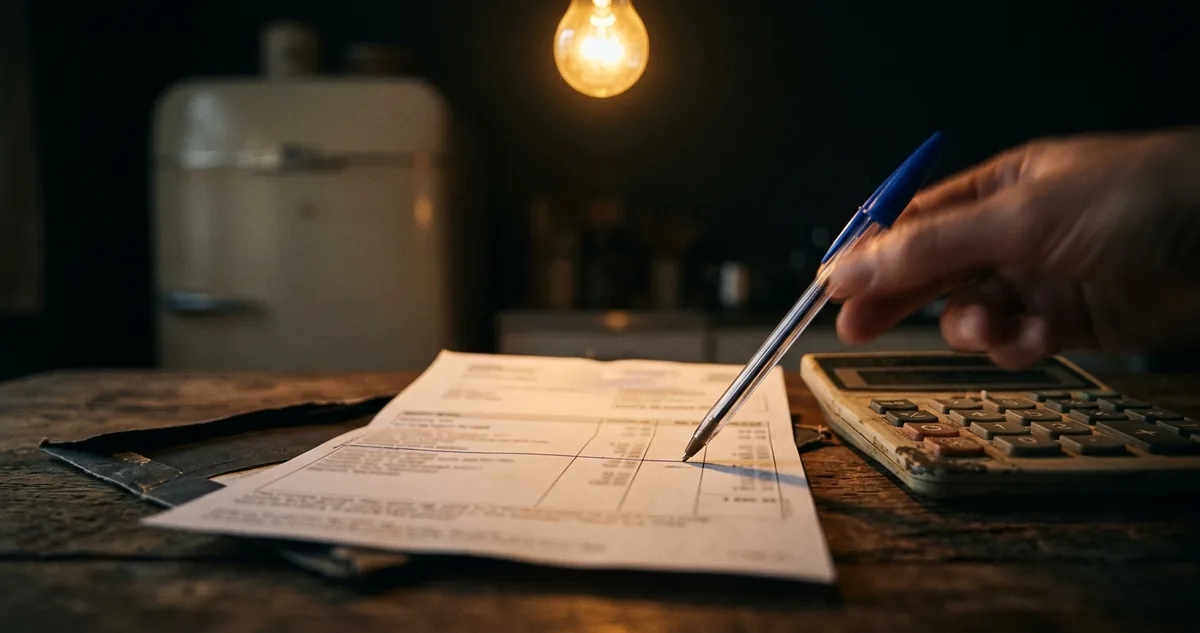 Poste com fios emaranhados, medidor de luz com lacre partido e fatura dobrada.